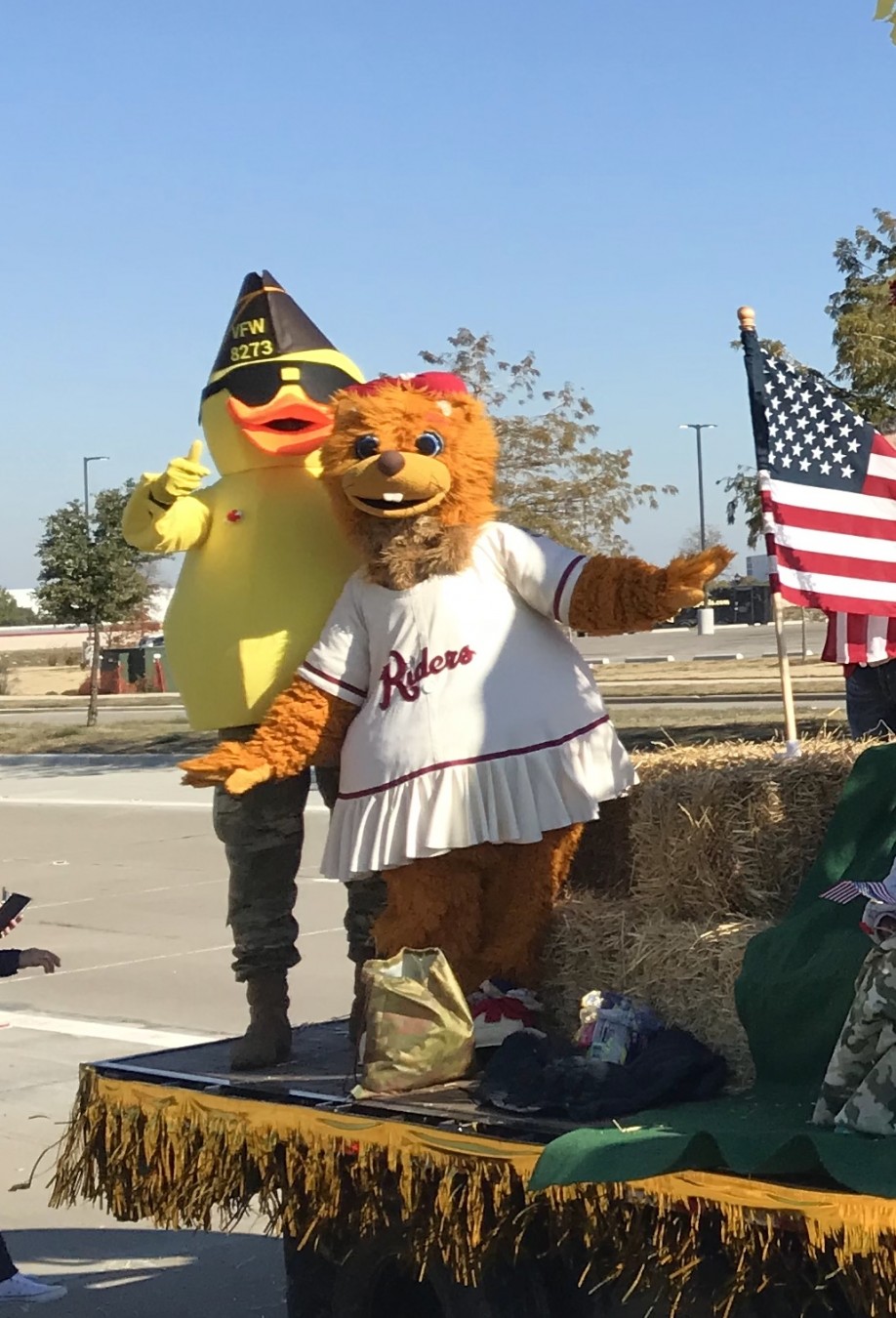VFW Duck BOOTS and RoughRiders' DAISY mascots introduce OPERATION DUCK at the Frisco Community Parade - November 9 in Frisco TX.